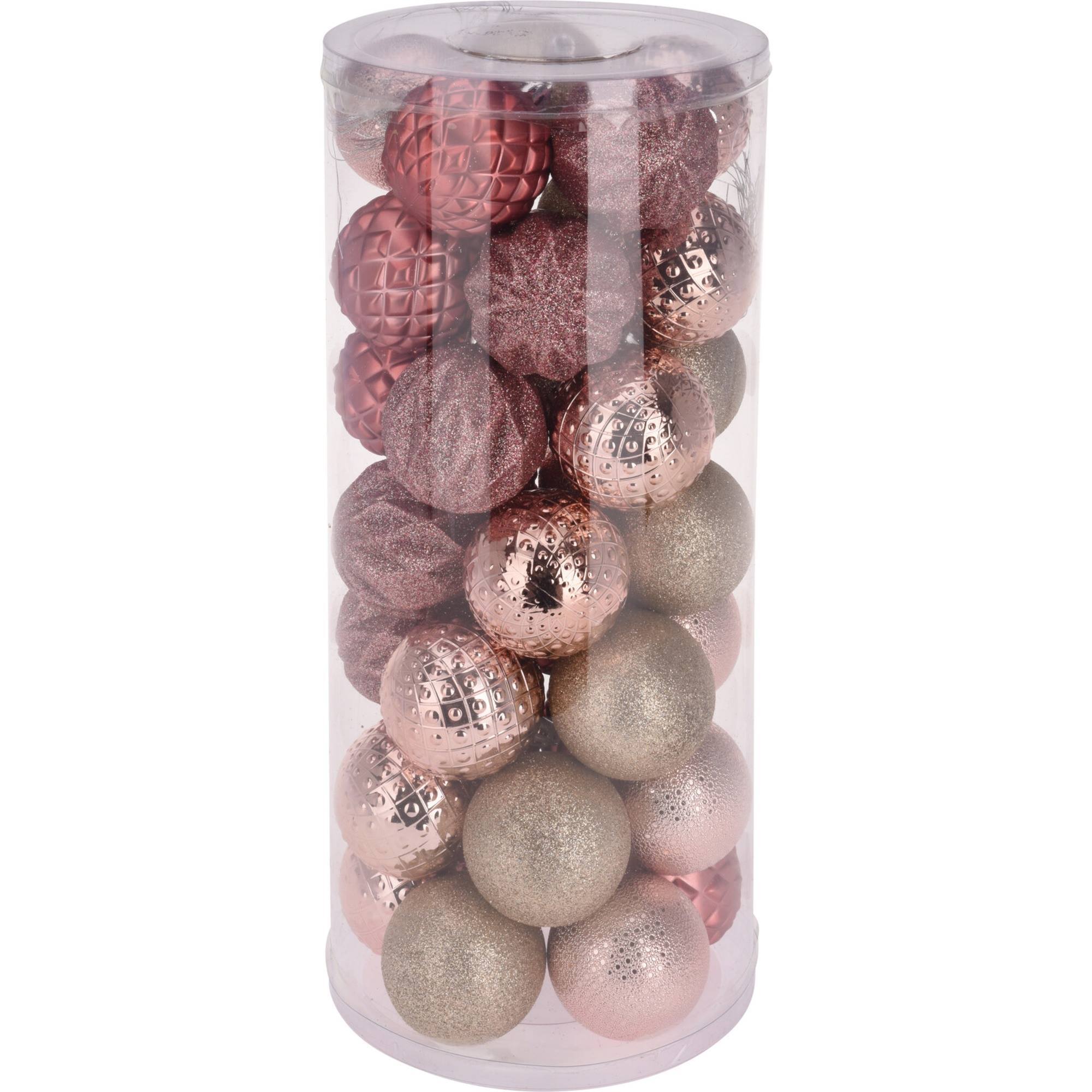 set de 35 bolas de navidad de 6cm con 5 diseños diferentes en relieve color rosa