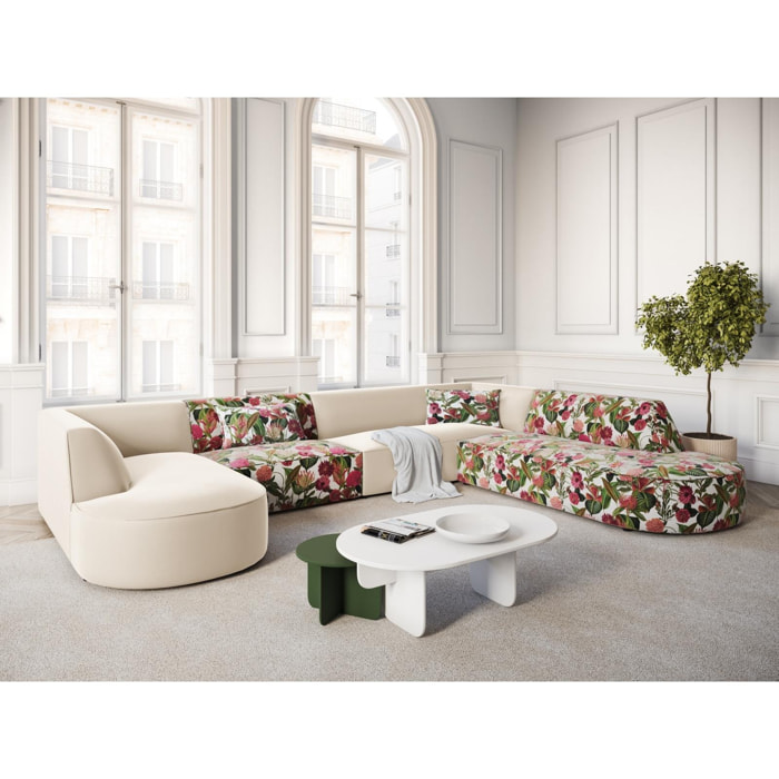Canapé d'angle droit panoramique ''Charles'' 7 places en velours motif de rose de jardin,beige