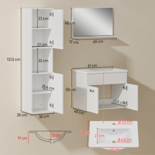Conjunto de Muebles de Baño de Pared de 4 Piezas con Lavabo Cerámico, Espejo con Estante, Mueble Bajo Lavabo y Columna de Baño, Estilo Moderno, Blanco