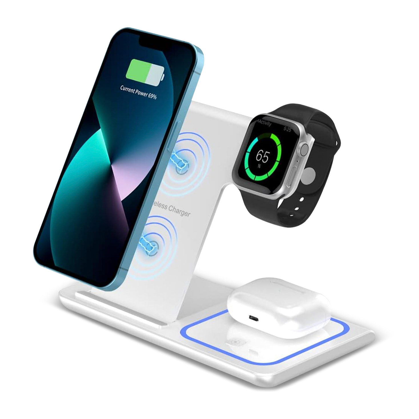 DAM Base de carga inalámbrica plegable 3 en 1. Base Qi 15W doble posición, cargador de Apple Watch y base Qi. Con luz de ambiente azul. Función stand. 16,5x9,3x10,1 Cm. Color: Blanco