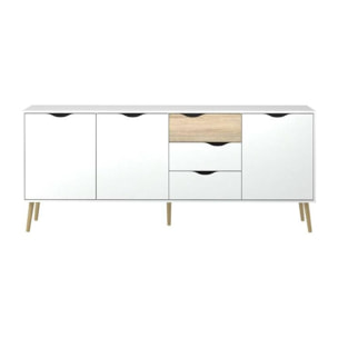 Credenza a tre a ante e tre cassetti, colore bianco e rovere, Misure 195 x 81 x 39 cm