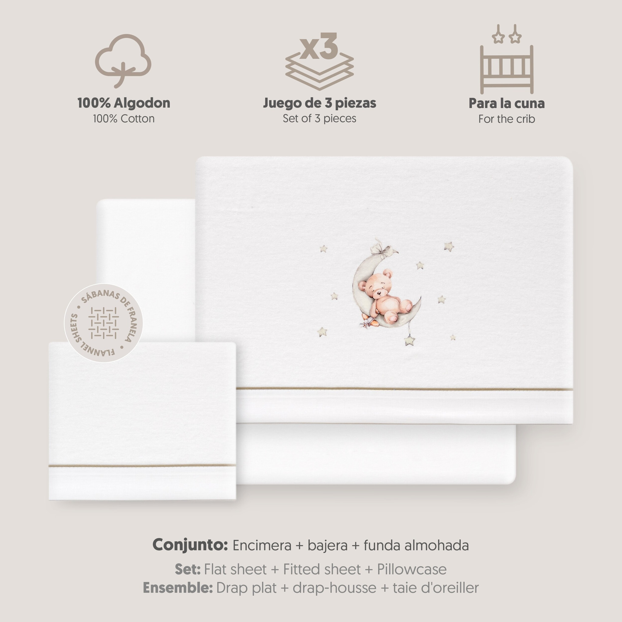 Triptico Cuna Franela Estampado Oso Luna Estrellas Bco/Verde
