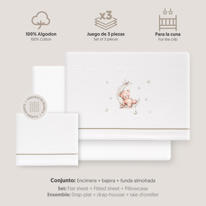 Triptico Cuna Franela Estampado Oso Luna Estrellas Bco/Verde