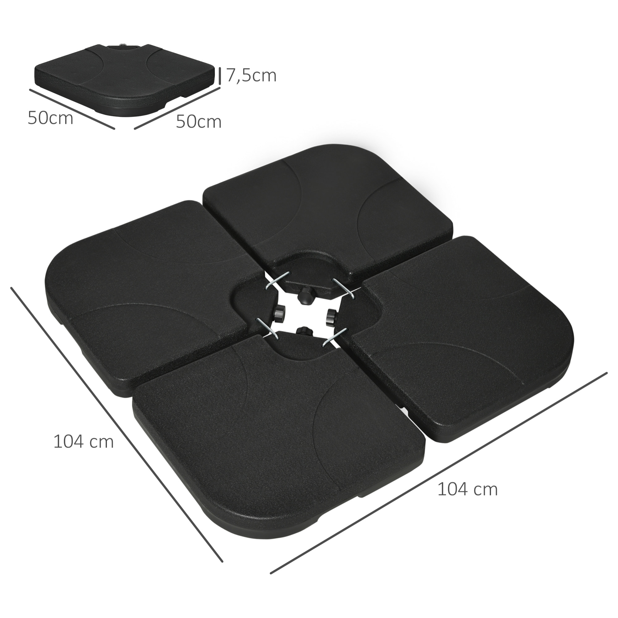Peso para Base de Sombrilla de 4 Piezas Base para Sombrilla Excéntrica Cuadrado Rellenable de Agua 15 Litro Arena 19,5 kg para Base Cruzada Negro