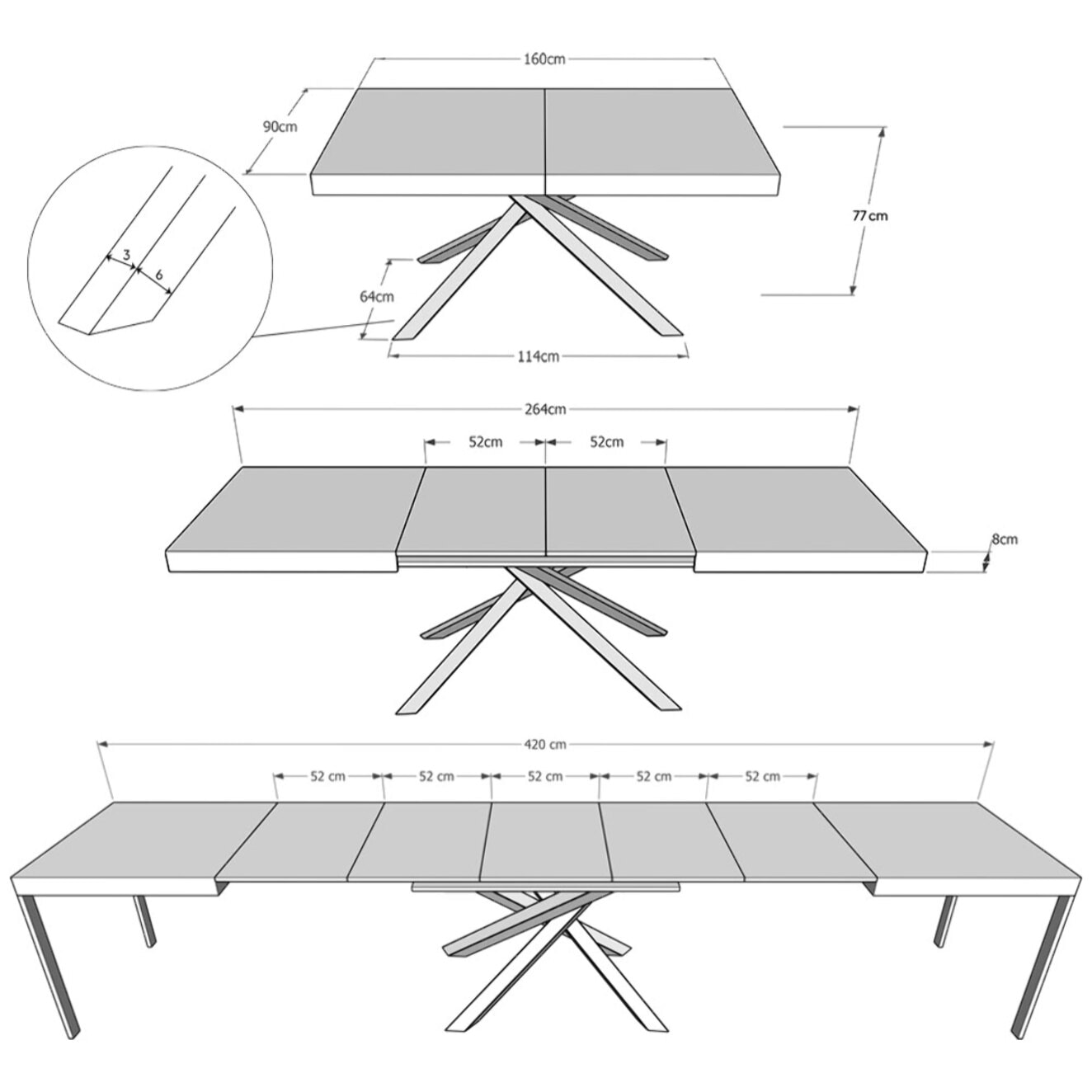 Mesa extensible 90x160/420 cm Karida gris paloma patas blanca