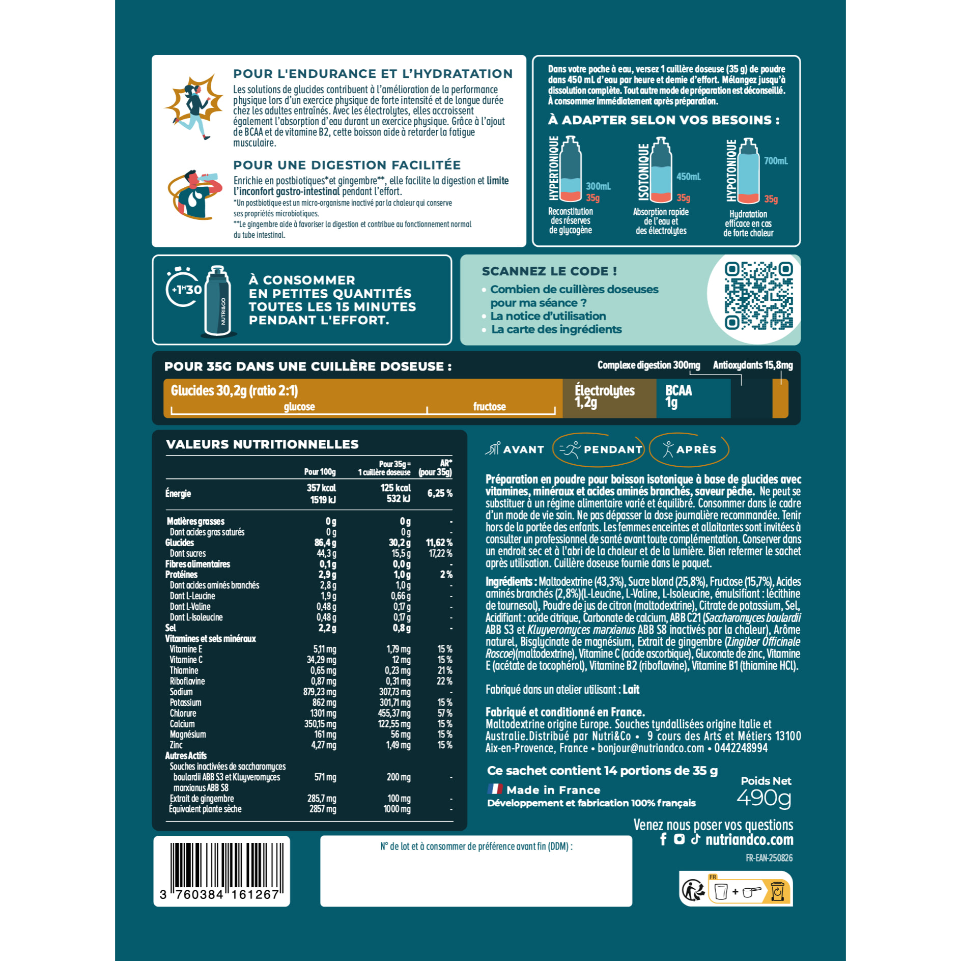 NUTRI & CO Boisson Énergétique Isotonique en Poudre – Running, Vélo, Hyrox – 490g goût pêche