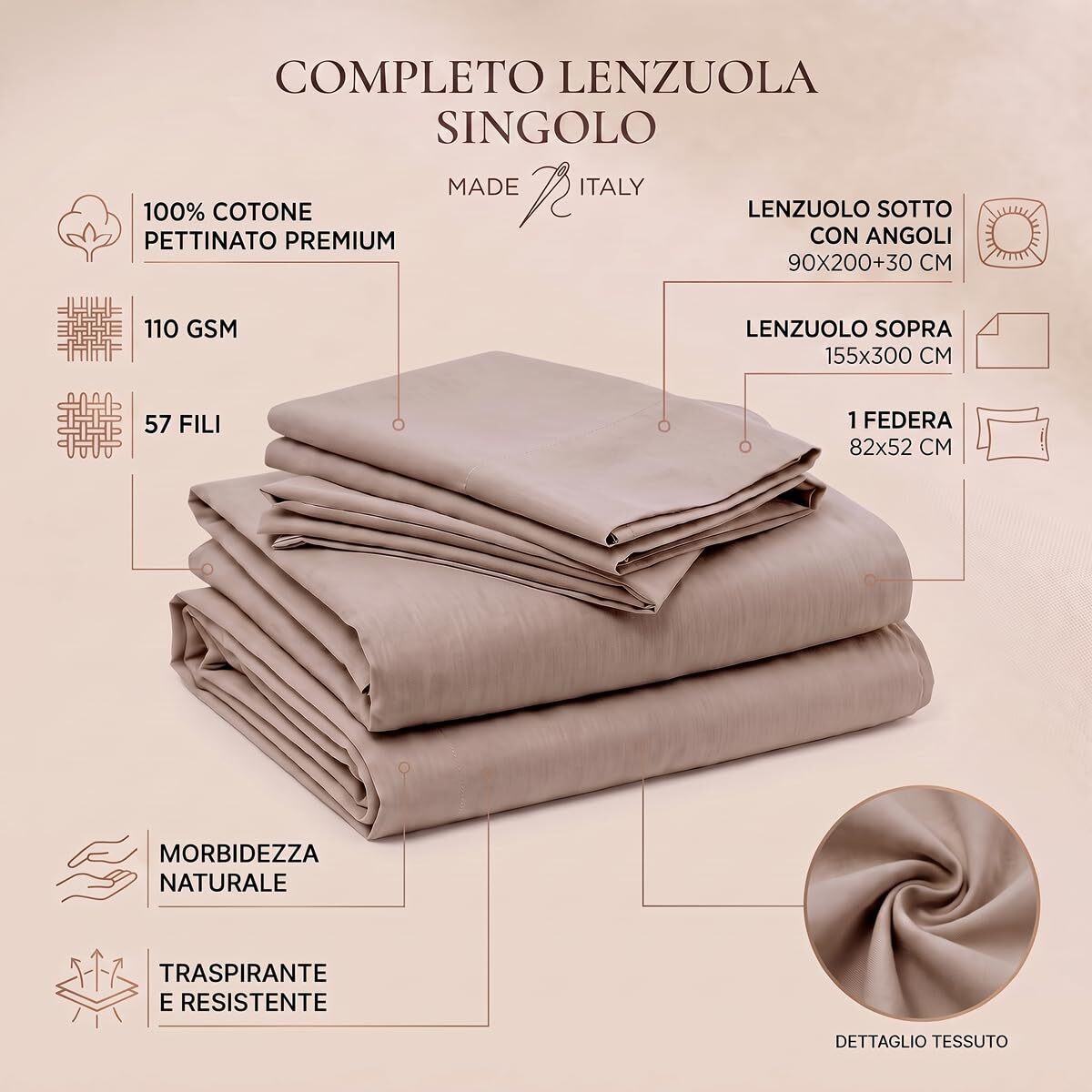 Completo lenzuola in cotone - Tortora