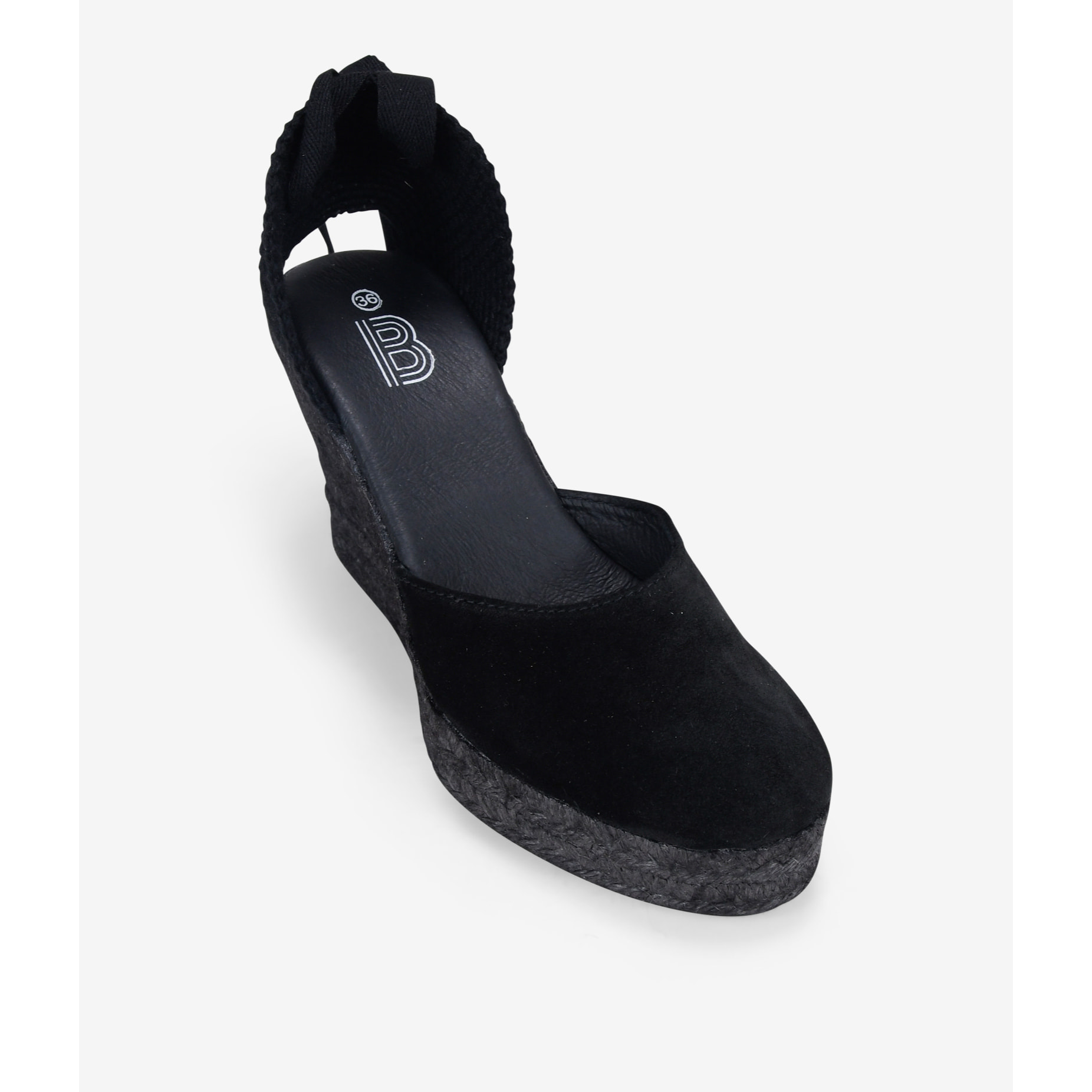 Alpargatas de piel con cuña negras y lazos para atar