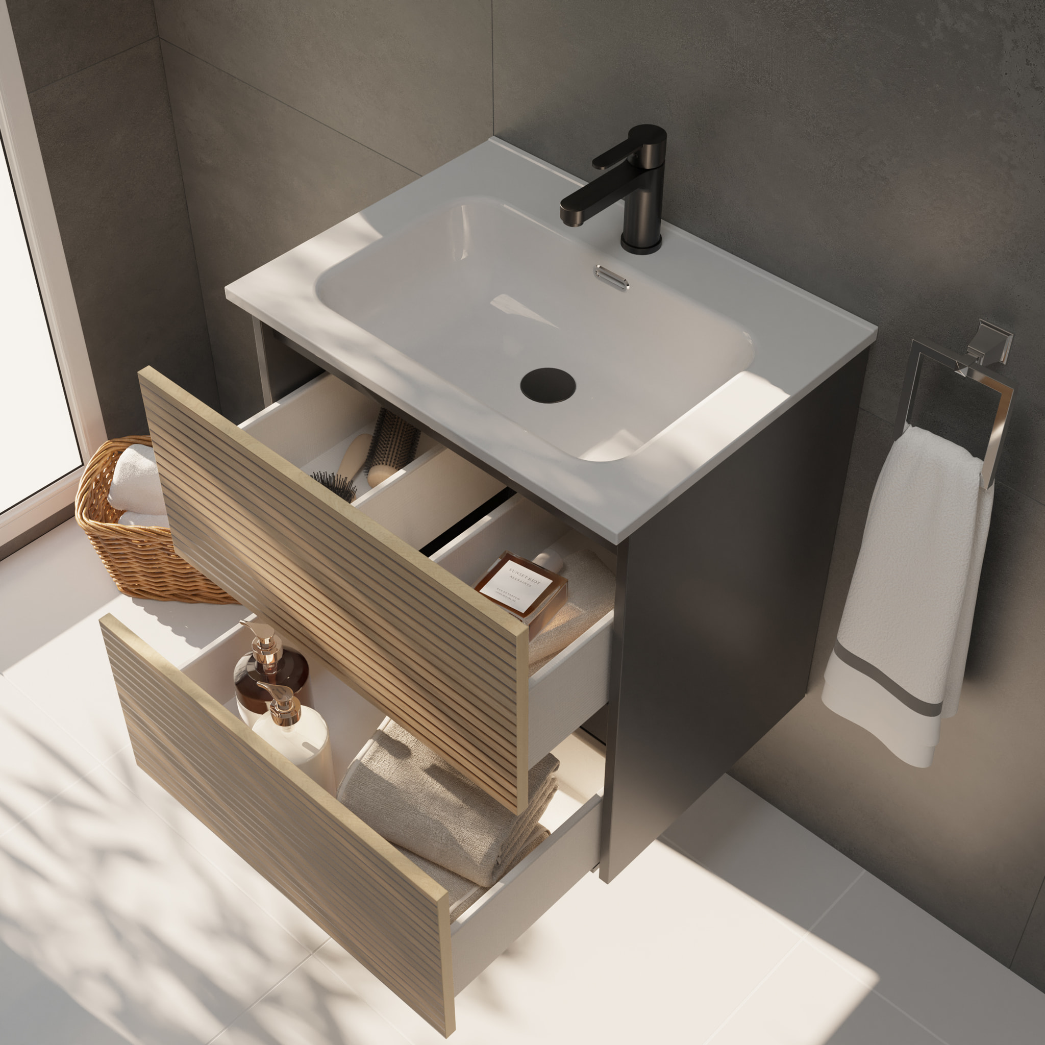 Yinu Salle de Bain | 60 cm Noir - Solomon | Deux Tiroirs | Lavabo Encastré | N'inclut pas le Miroir | Alday