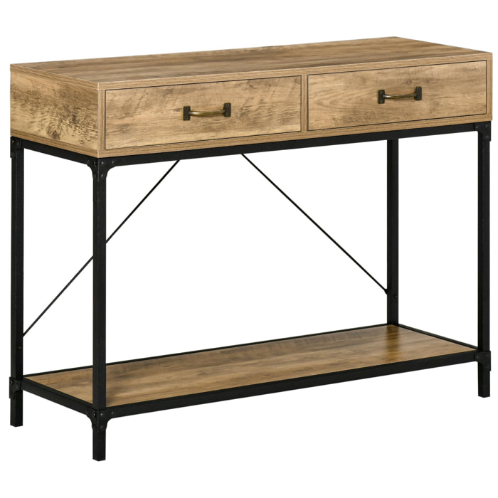 Console table d'appoint design industriel dim. 100L x 35l x 76H cm 2 tiroirs poignées laiton vieilli étagère métal noir aspect bois veinage