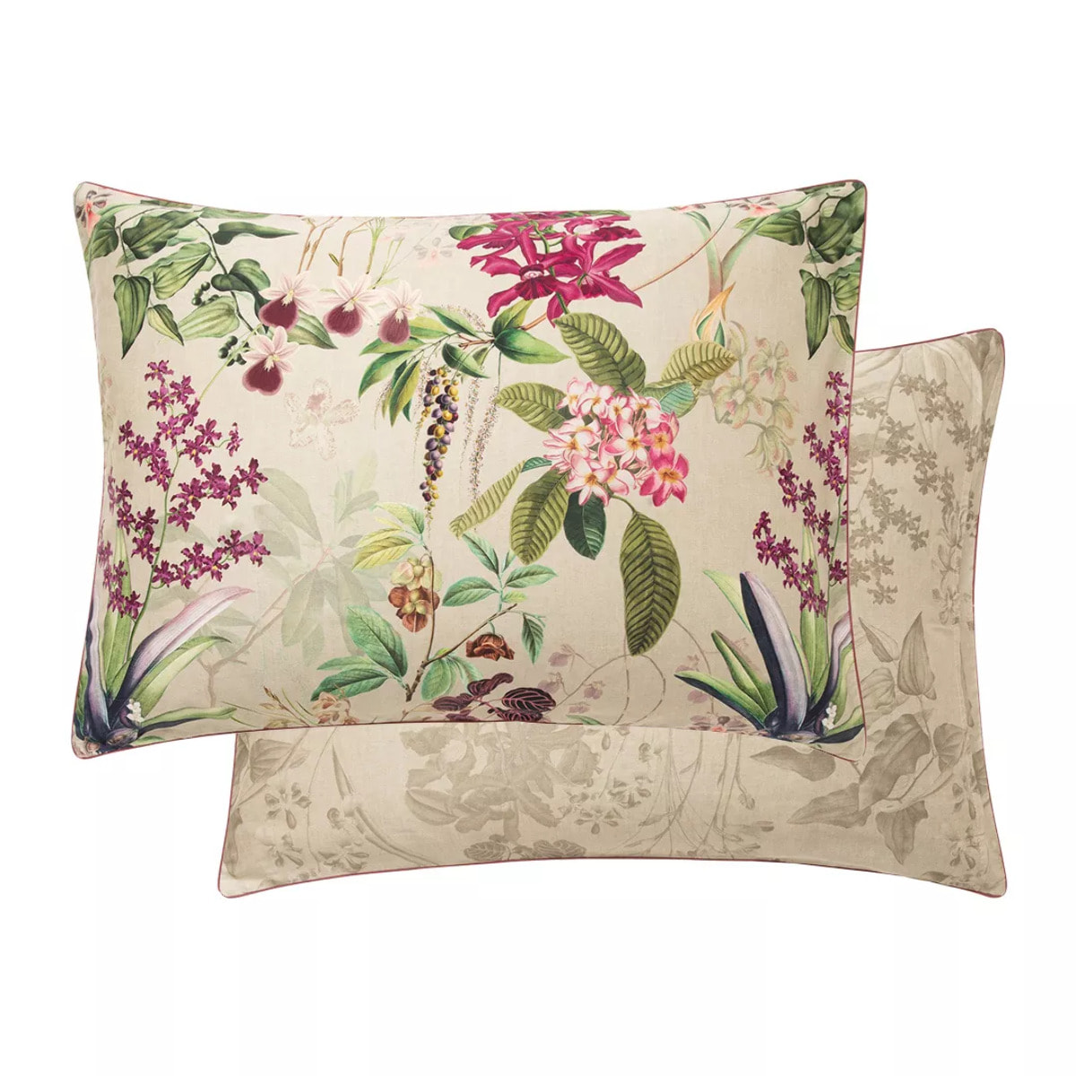 Taie d'oreiller satin de coton imprimé rose beige vert Parfum d'orchidee grege