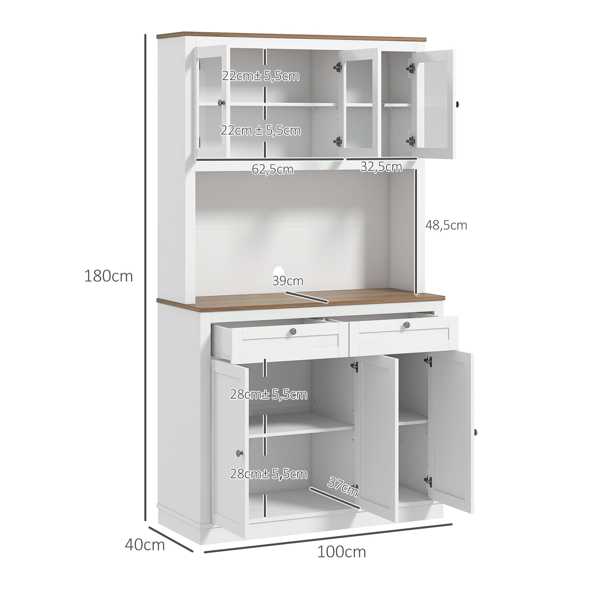 Alacena de Cocina Mueble Auxiliar de Cocina Armario de Cocina con 3 Puertas de Vidrio Compartimento Abierto 2 Cajones y Estantes Ajustables 100x40x180 cm Blanco