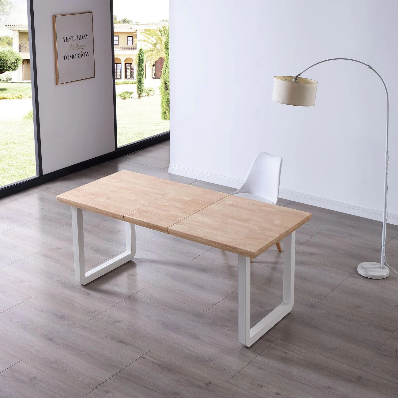 Mesa de comedor extensible con patas metálicas en blanco y roble 140-220x80cm Roma Roble - Blanco