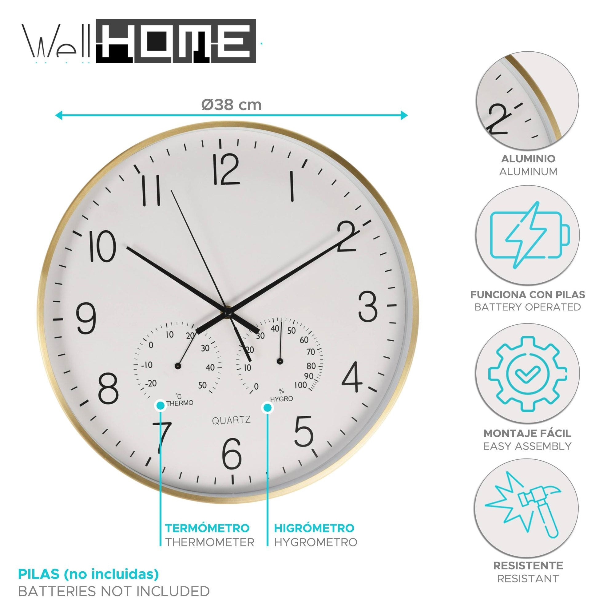 Well home reloj de pared formato redondo color blanco ø38x4,2cm