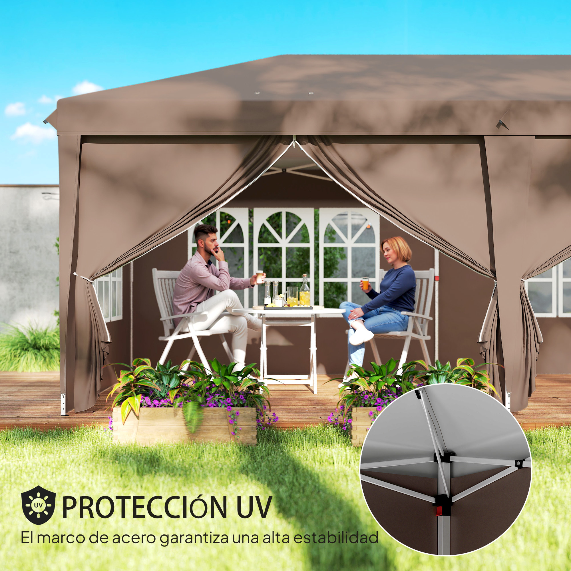 Carpa Plegable 6x3 m, Pop-up, con 4 Laterales Desmontables, Cenador de Jardín con 4 Ventanas Visibles y Bolsa de Transporte, Impermeable, Anti-UV, Gazebo para Camping, Fiestas, Exterior, Café