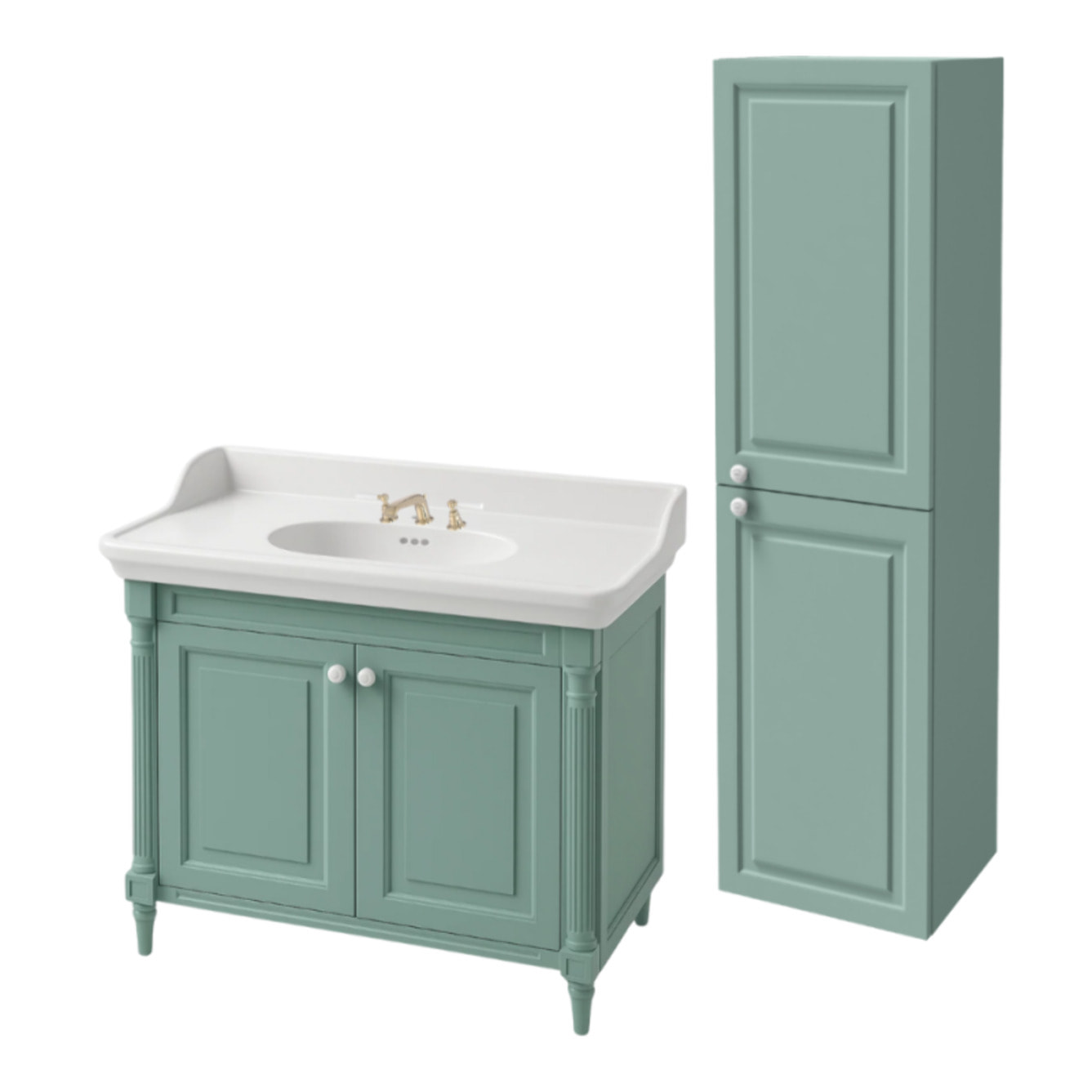 Pack meuble vasque 3 trous Cléo 1889 vert velours + colonne droite + mélangeur poignés or