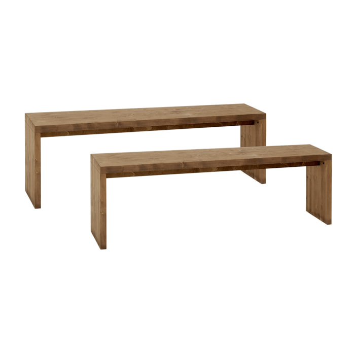 Pack 2 bancs en bois massif ton chêne foncé en différentes tailles