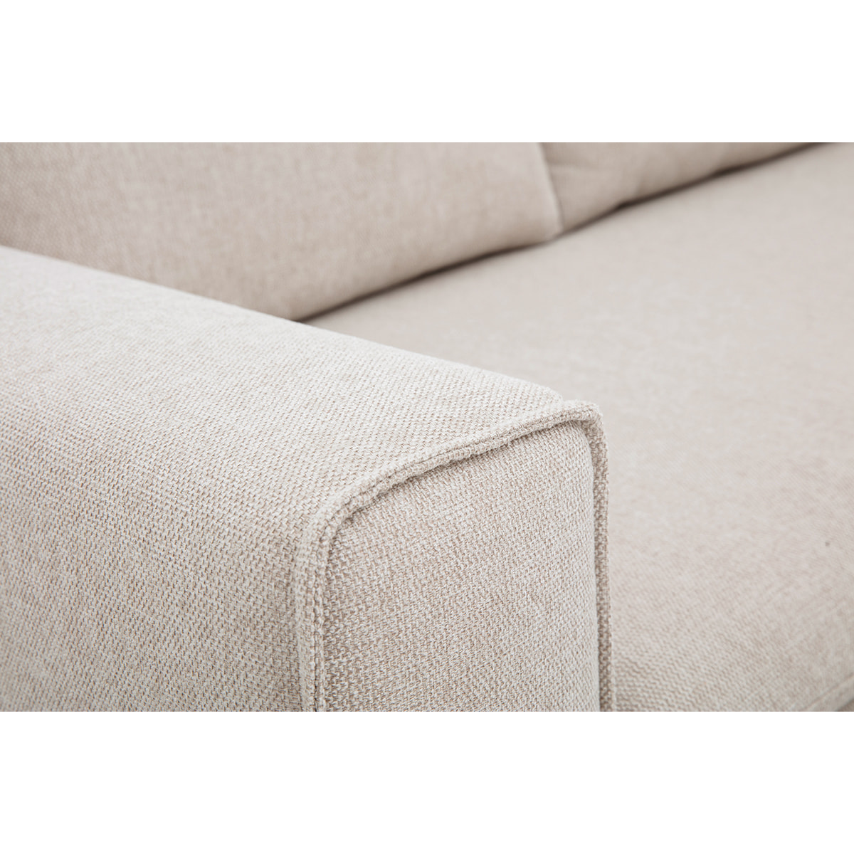 Canapé d'angle droit en tissu effet velours texturé beige et bois clair RAGNAR