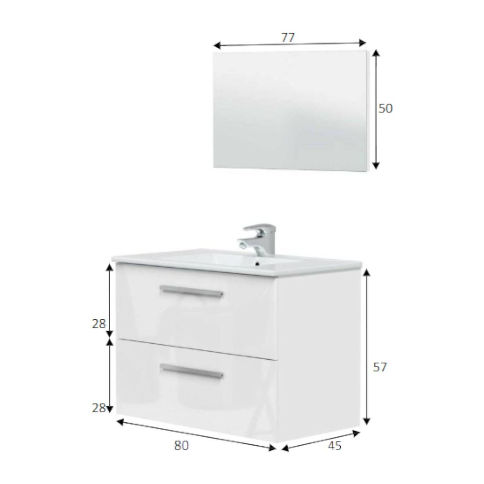 Mobile sottolavabo Inglewood, Mobiletto per bagno sospeso, Armadio a 2 cassetti e specchio, cm 80x45h57, Bianco lucido