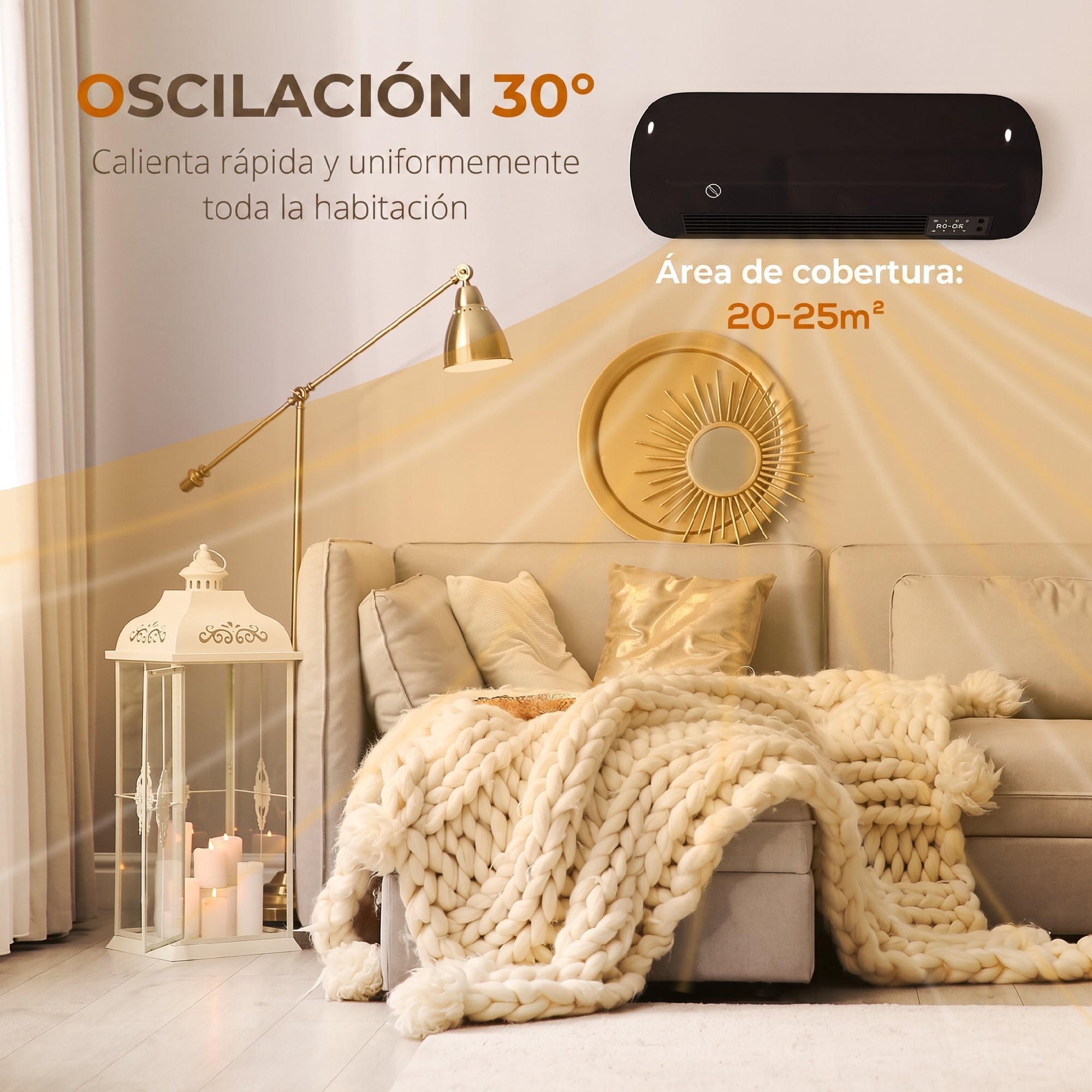 HOMCOM Calefactor Eléctrico Cerámico de Pared, 2000W, con 3 Modos, Pantalla LED, Termostato Regulable, Temporizador 24h, Oscilación, Mando a Distancia y Detección de Ventanas Abiertas