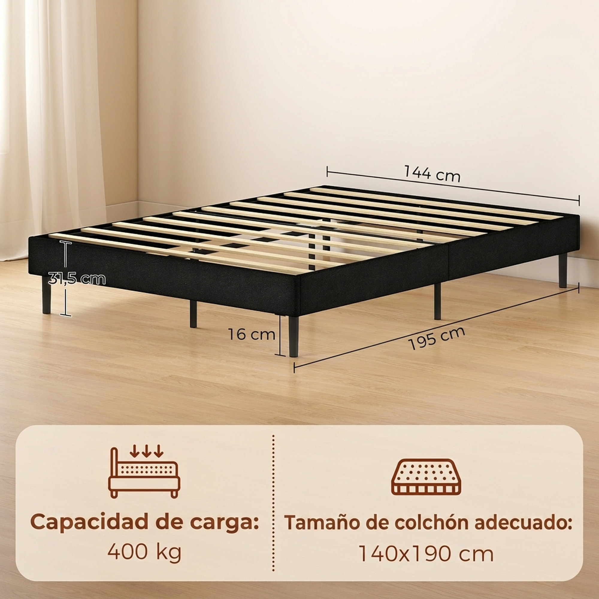 HOMCOM Cama Tapizada 144x195 cm con Funda de Chenilla, Marco de Cama Doble con Somier de Lamas de Madera, Patas de Acero, Diseño Moderno, Fácil Montaje, Carga 400 kg, Gris