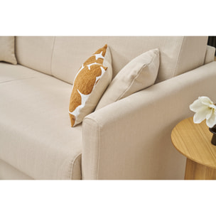 Canapé convertible 3 places en tissu beige et bois clair avec matelas 13 cm SKANDY