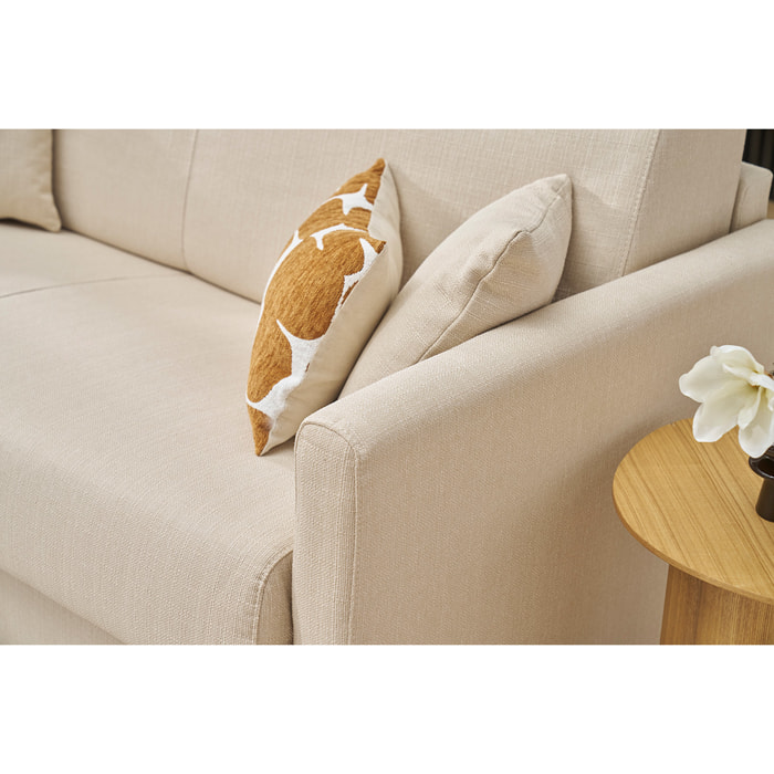 Canapé convertible 3 places en tissu beige et bois clair avec matelas 13 cm SKANDY