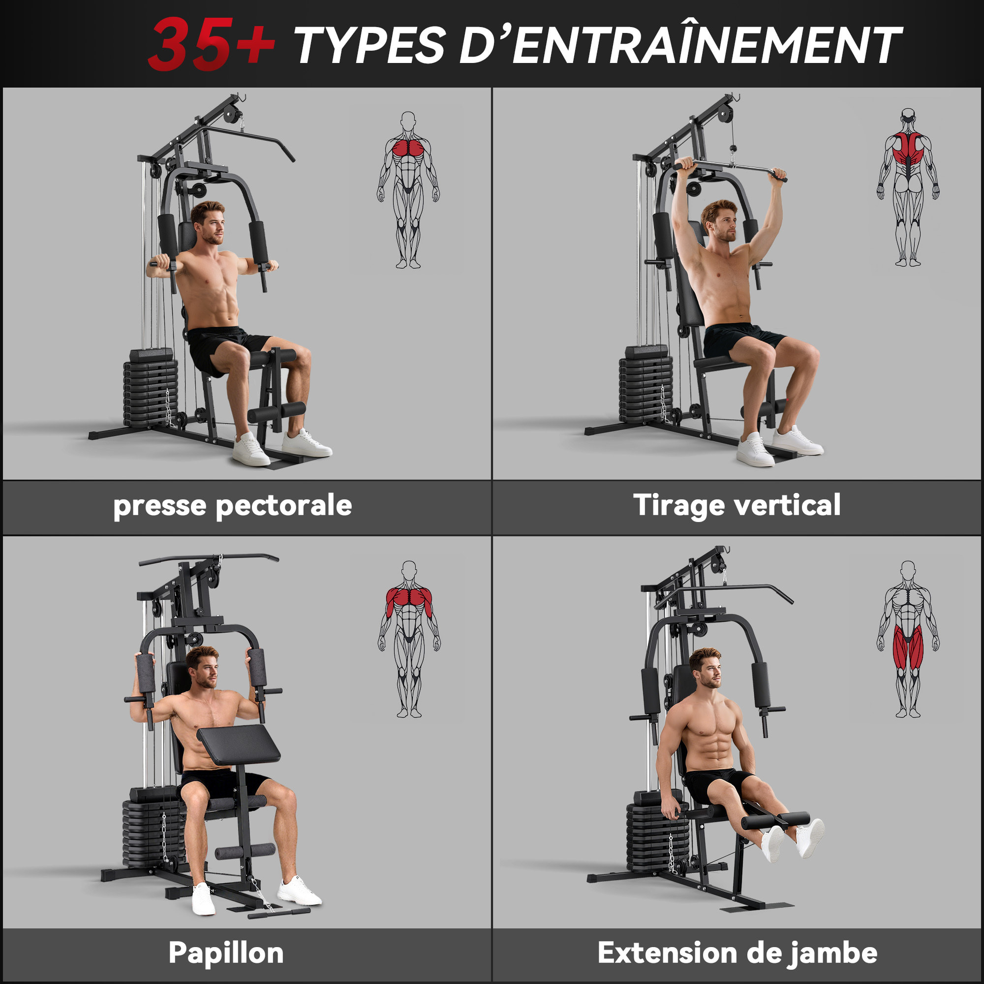Station de musculation - entrainement complet - développé couché, butterfly, barre latissimus, curler - 9 contrepoids - acier noir
