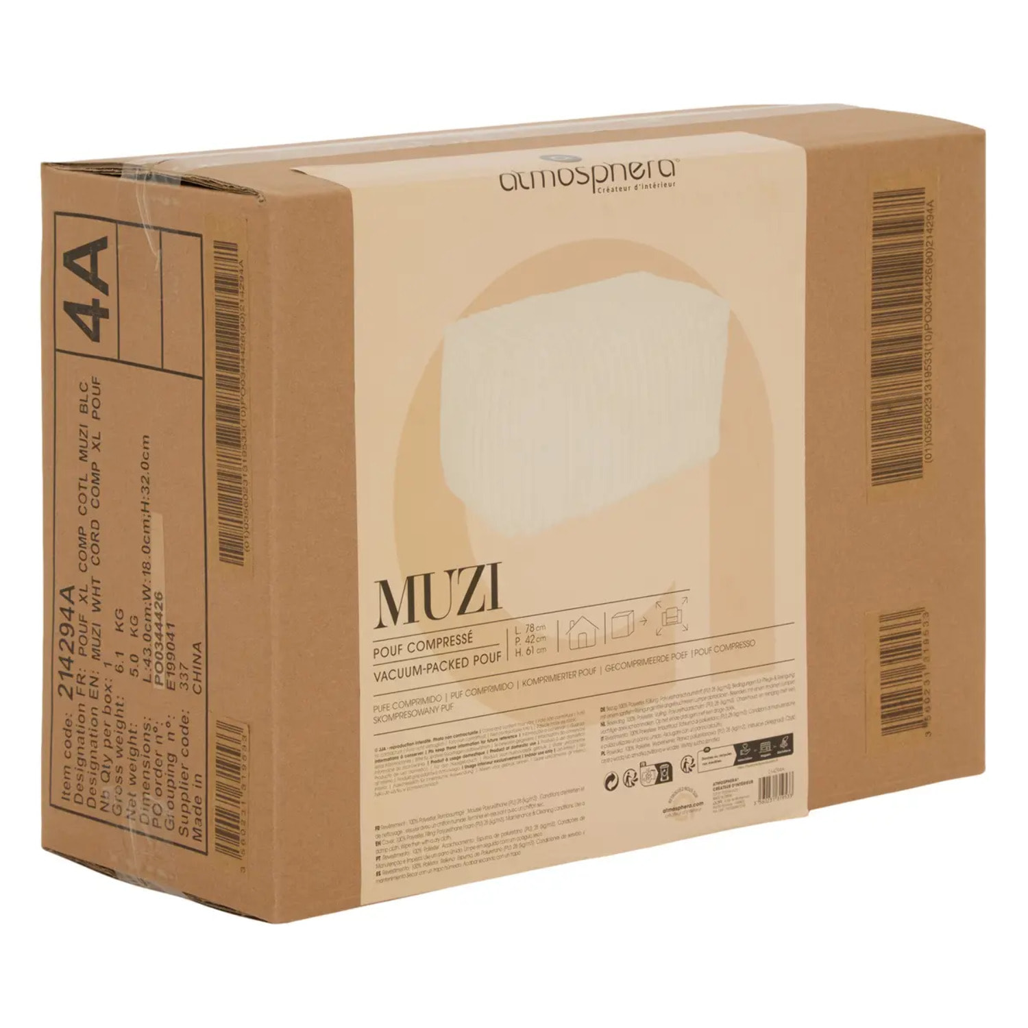 Pouf Muzi rectangulaire côtelé 61x78cm crème