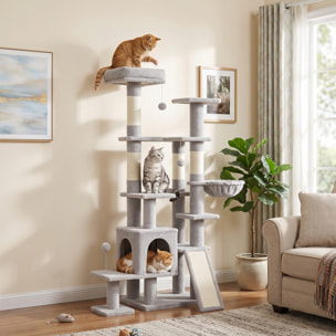 Árbol Rascador para Gatos 152 cm, Torre para Gatos Multinivel con Cueva, Hamaca, Cama, 4 Postes de Sisal, Escalera Rascadora, 3 Bolas Colgantes, Tela de Felpa, para 1-2, Gris Claro