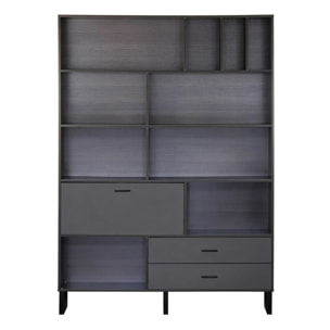 Libreria 8 vani 2 cassetti 1 anta 140x195x35 cm in legno effetto olmo scuro e grigio