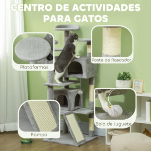 Rascador para Gatos Altura 138 cm Árbol para Gatos Torre de Escalada con Postes Rascadores de Sisal Plataformas Cuevas Bolas Colgantes y Hamacas Gris Claro