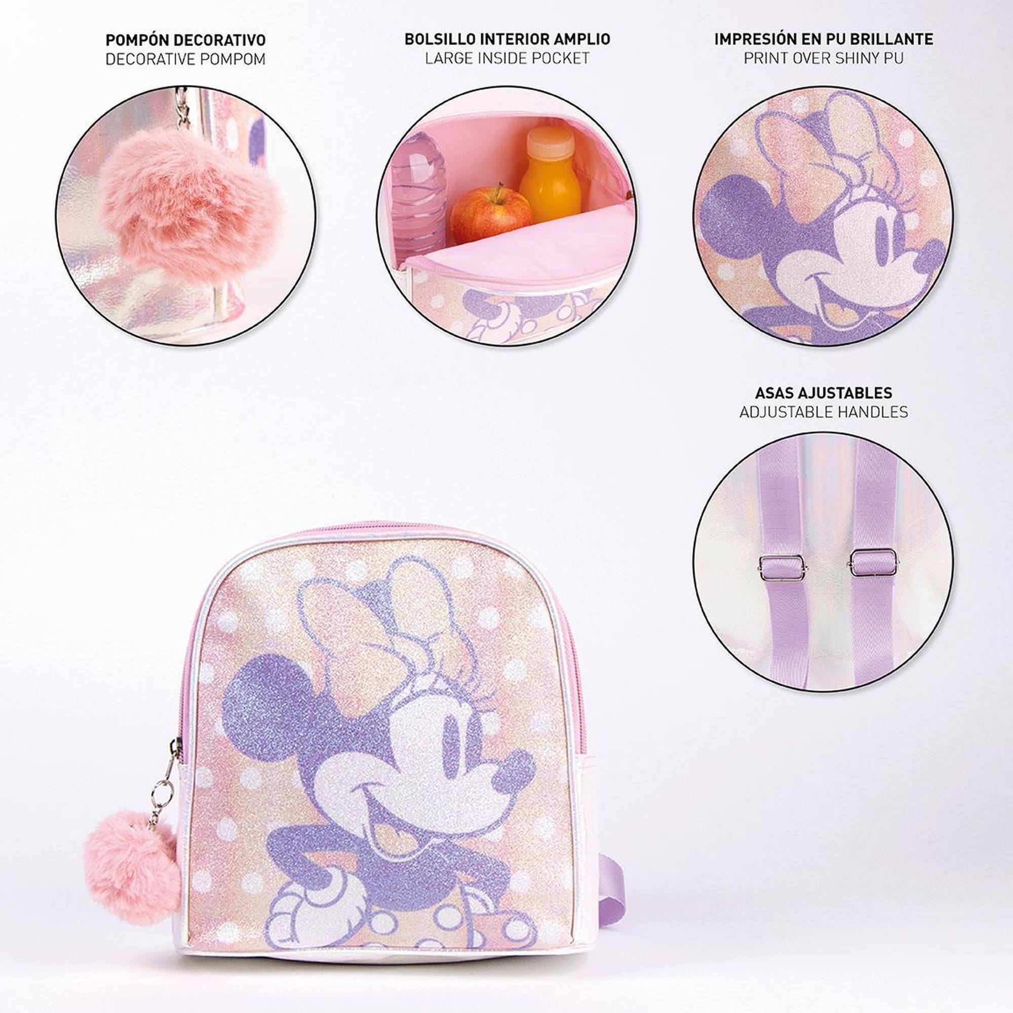 Mochila infantil de minnie mouse - cierre de cremallera con pompón - 18 x 21 x 10 cm - mochila pequeña con costuras reforzadas