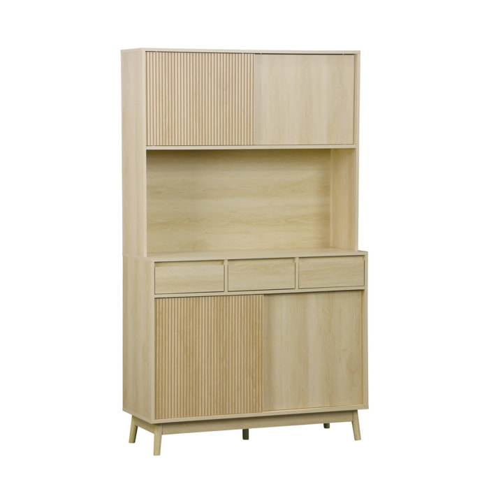 Buffet de cuisine LINEAR décor bois 4 portes 3 tiroirs 110 cm. Naturel. pieds en bois de pain revêtement papier