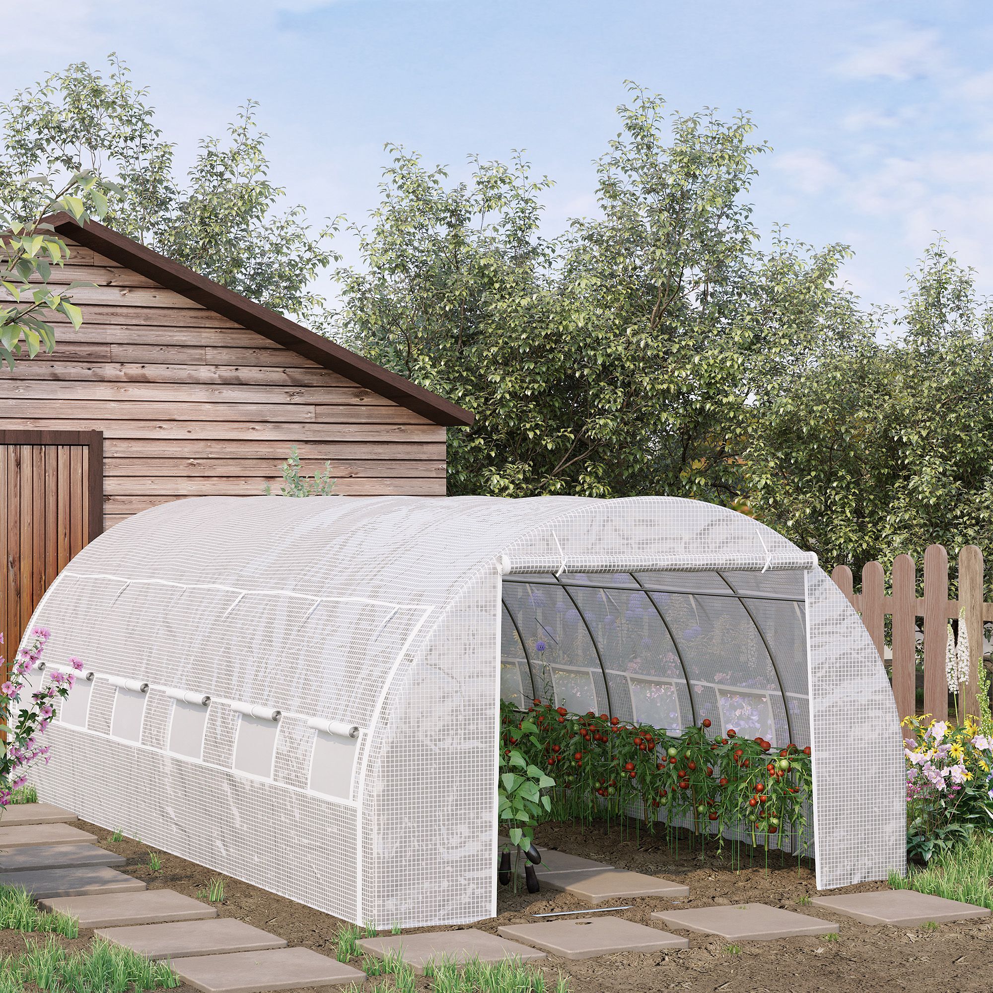 Serre de jardin tunnel 18 m² dim. 5,97L x 3,02l x 2H m - 12 fenêtres, porte zippée enroulable - châssis tubulaire acier galvanisé, bâche PE haute densité blanc