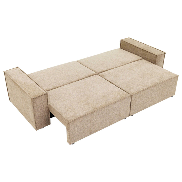 Cezanne - Canapé droit 3 places convertible avec coffre en tissu texturé - Beige