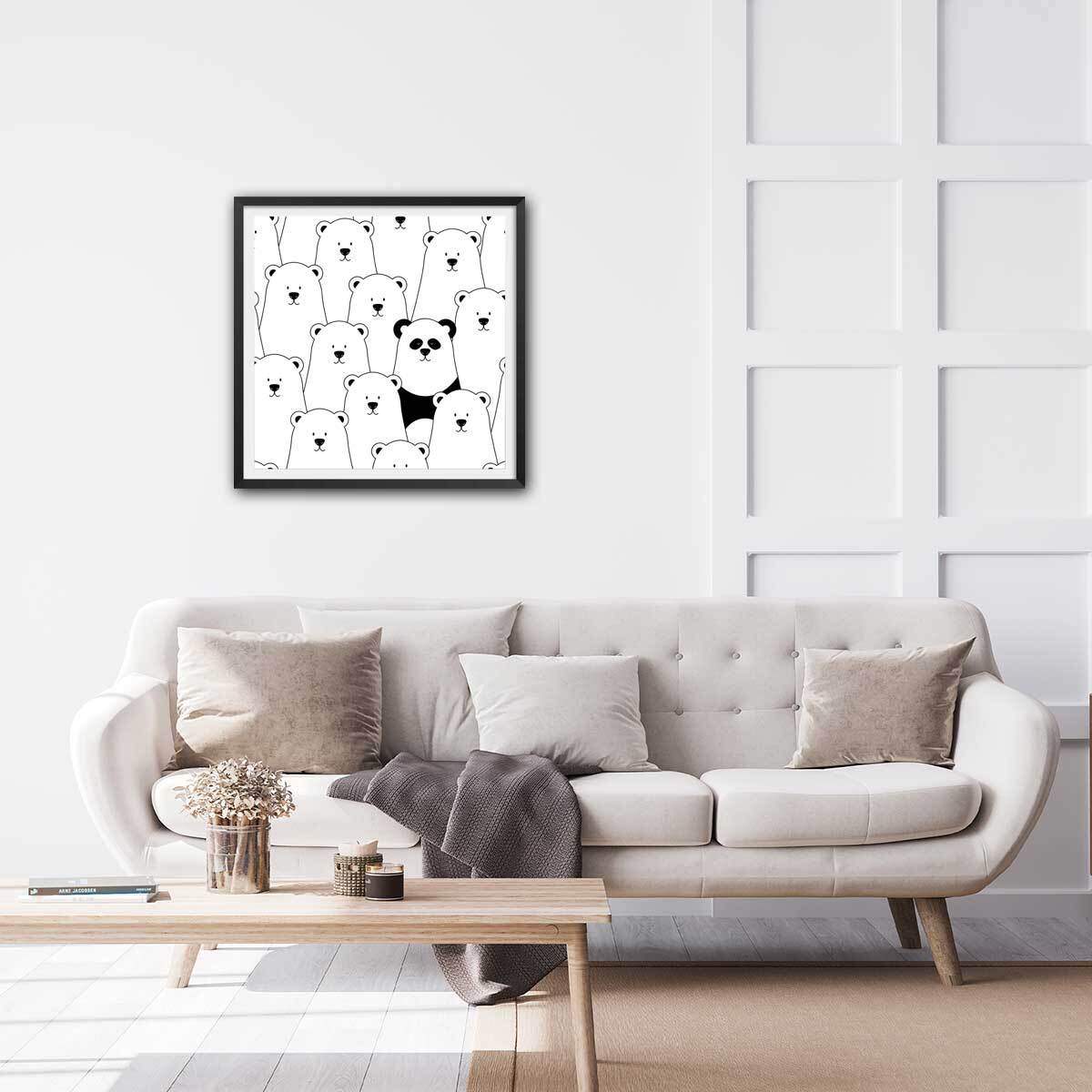Affiche enfant ours blanc et panda noir Affiche sous cadre noir