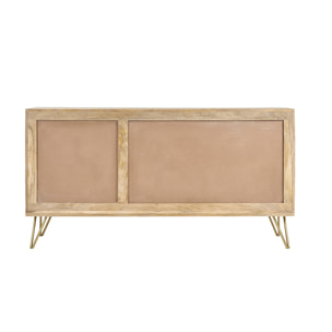 Buffet gravé en bois manguier massif et métal doré 2 portes 3 tiroirs L145 cm LINIUM