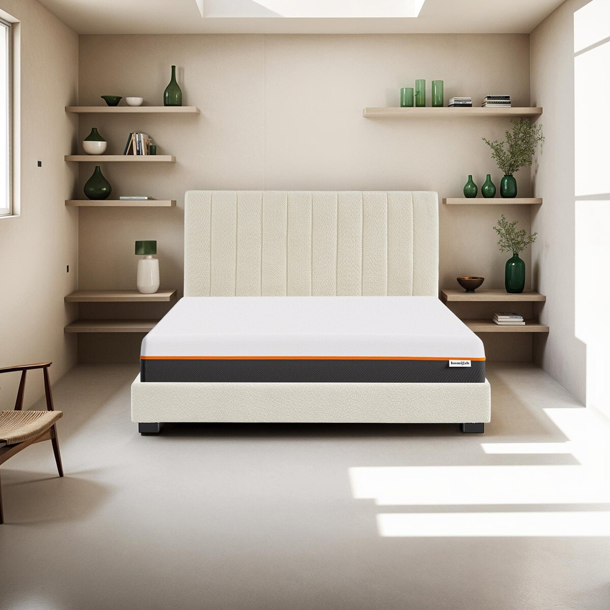 Lit en tissu bouclé + Matelas double confort - WILLIAM & DUAL CONFORT