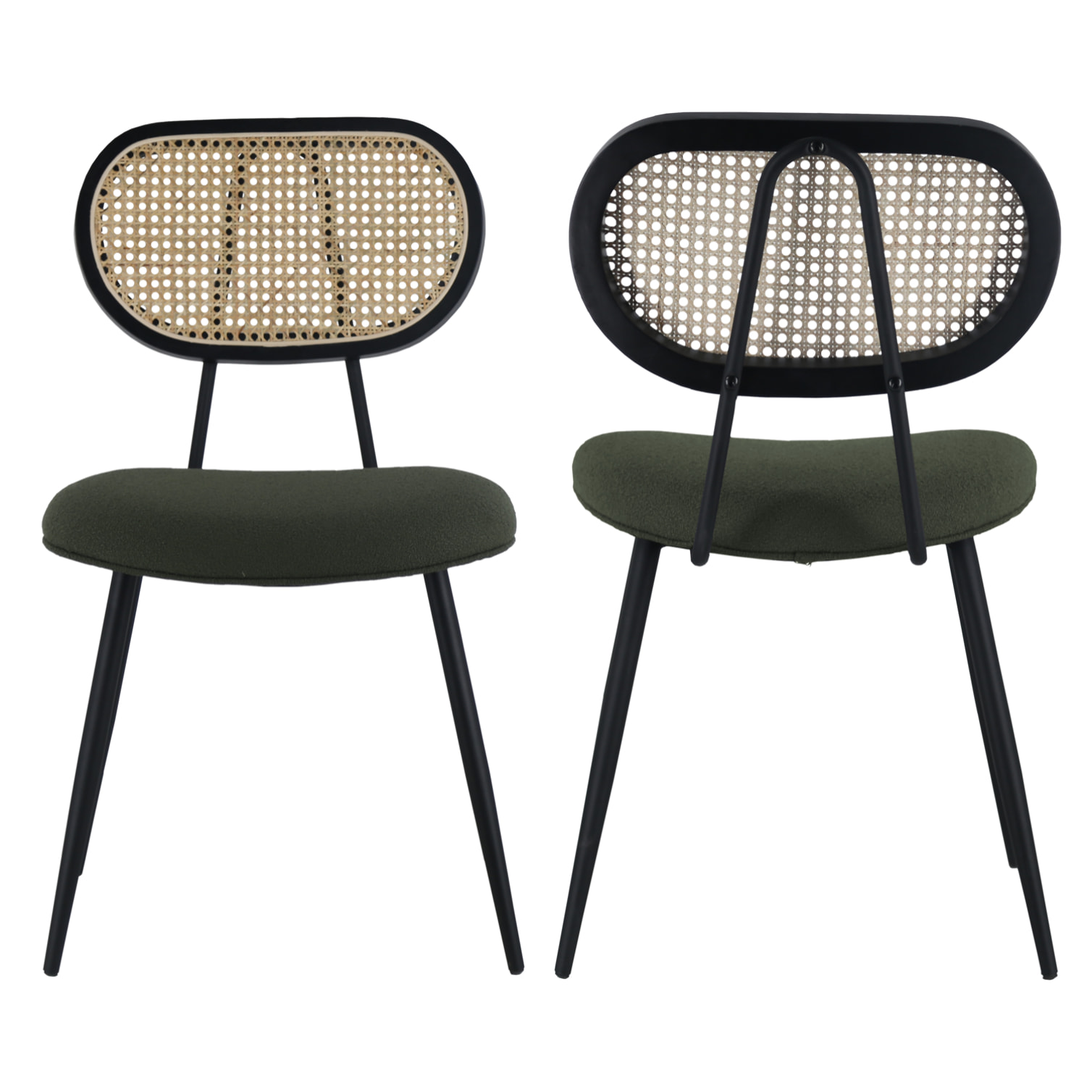 Lot de 2 chaises en cannage et tissu boucle vert kaki ELENA