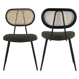 Lot de 2 chaises en cannage et tissu boucle vert kaki ELENA