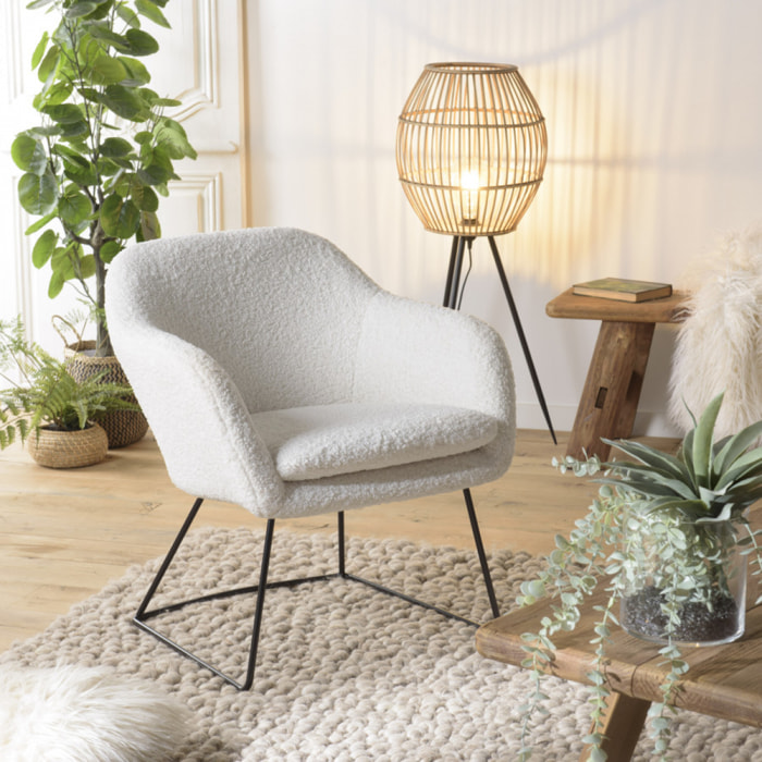 ALBANE - Fauteuil urban tissu bouclette blanc pieds évasés métal noir