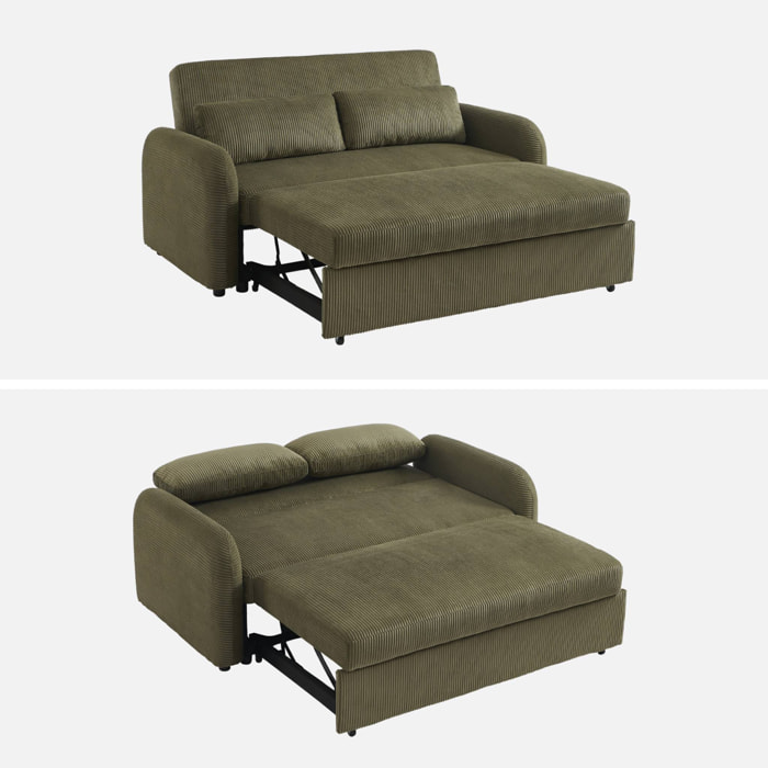 Canapé convertible arrondi 2 places velours côtelé kaki L 168 x P 90 x H 88cm - Lino