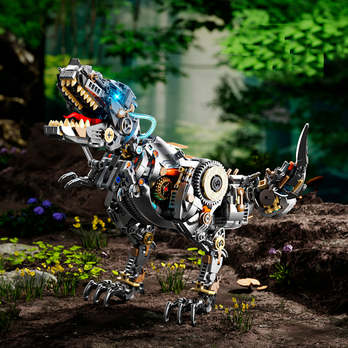 Maqueta 3D mecanizada de Tyrannosaurus Rex con 1268 piezas, equipada con luces y mecanismo de manivela que permite movimiento dinámico.