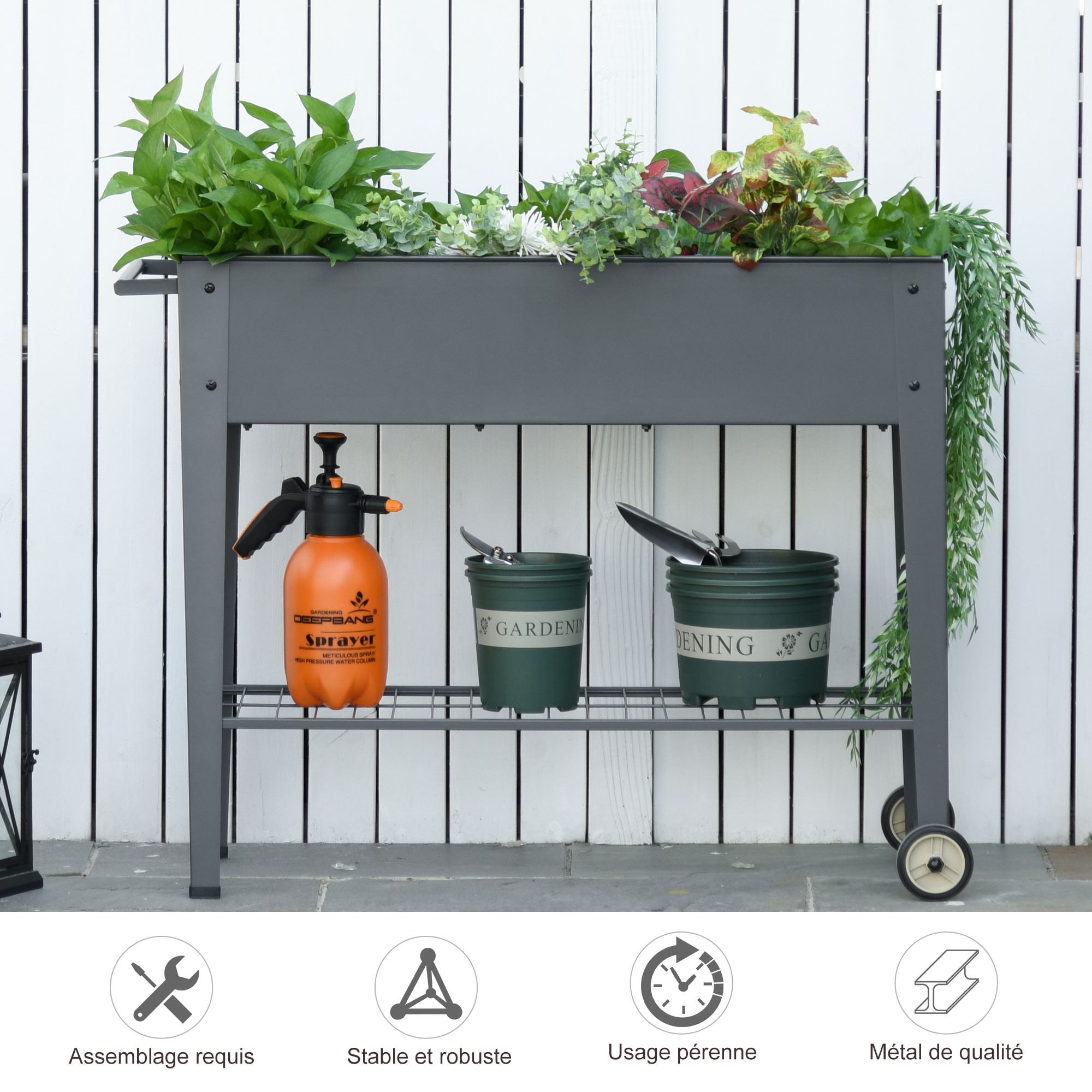 Jardinière sur pieds potager dim. 104L x 39l x 80H cm étagère 2 roues + insert d'irrigation métal gris