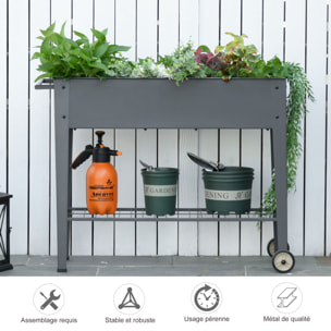 Jardinière sur pieds potager dim. 104L x 39l x 80H cm étagère 2 roues + insert d'irrigation métal gris