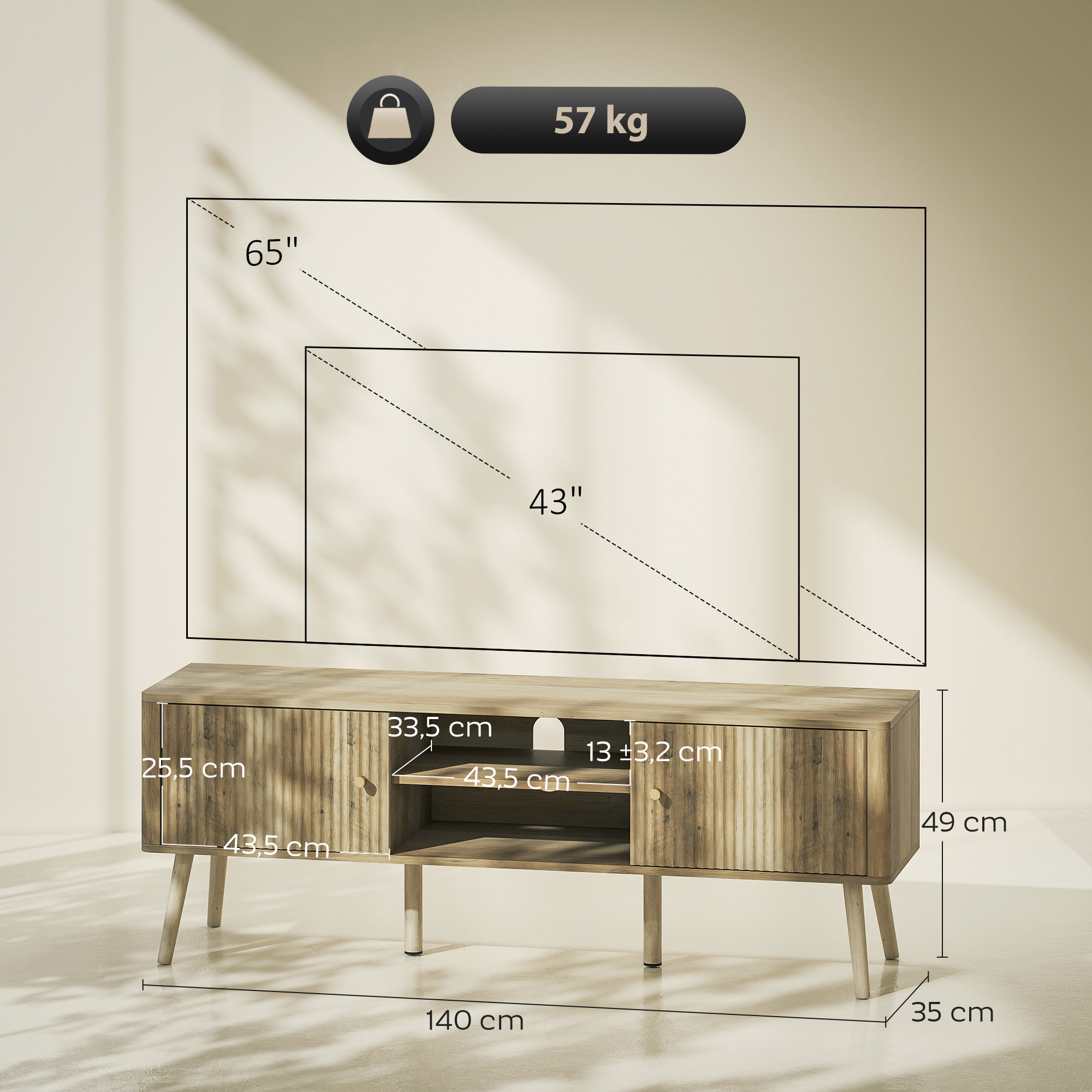 Meuble TV design effet cannelé naturel 2 portes 2 niches bois de pin effet bois clair