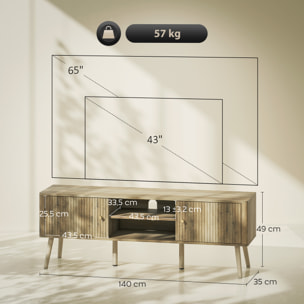 Meuble TV design effet cannelé naturel 2 portes 2 niches bois de pin effet bois clair