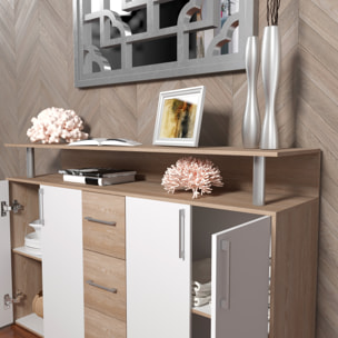 Credenza Comò Con 3 Cassetti 4 Ante Battenti 1 Ripiano Aperto A Giorno Mobile Mobiletto Soggiorno Ingresso Salotto 139 x 90 x 34 Cm Bianco Rovere