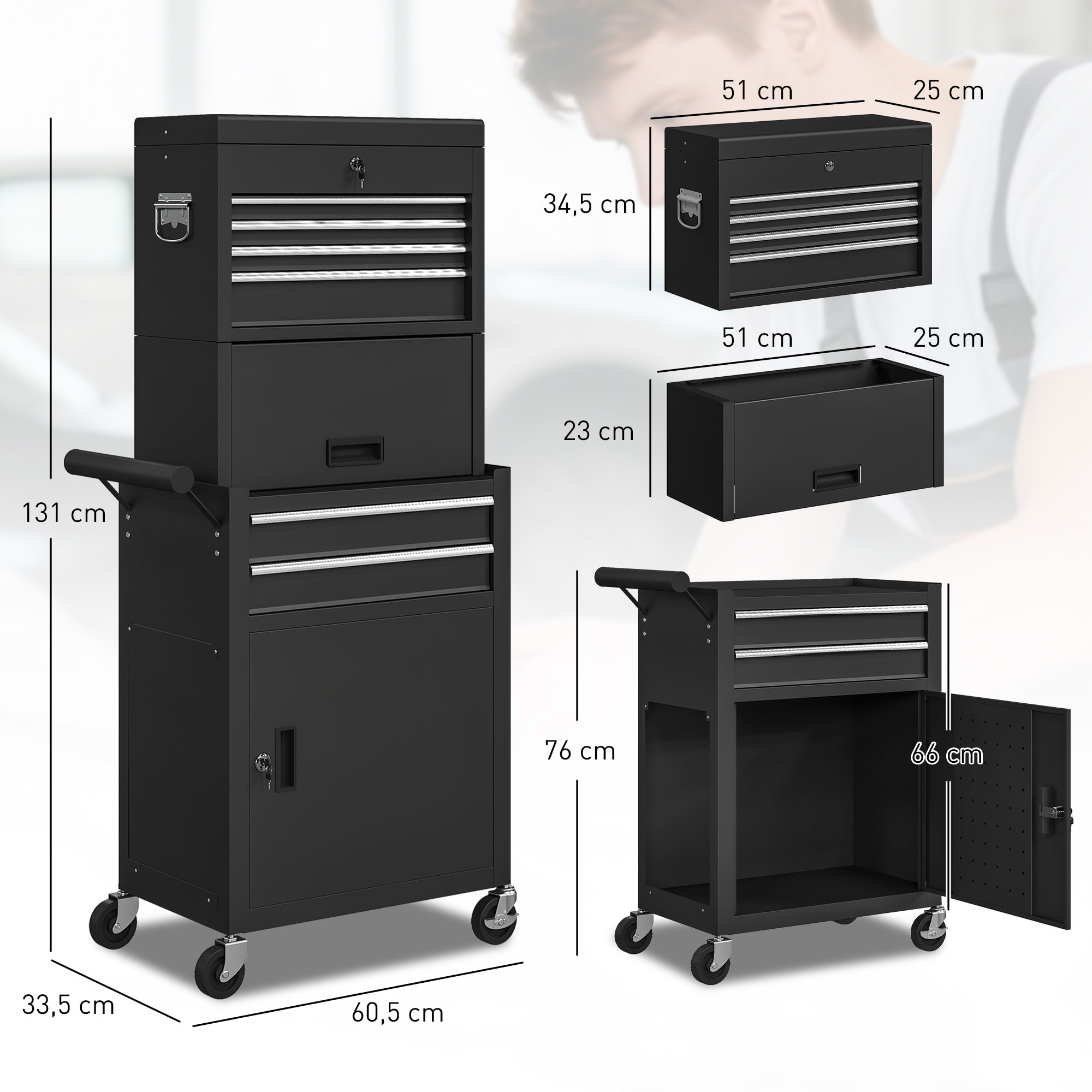 Carro de Herramientas con 6 Cajones y Cerraduras, 3 en 1, Carro de Taller Móvil con Ruedas y Panel Lateral Perforado, Caja de Herramientas Desmontable de Acero, para Taller, Garaje, Negro
